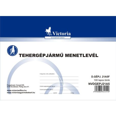 VICTORIA PAPER Nyomtatvány, menetlevél, tehergépjármű, 100 lap, A5, fekvő, VICTORIA PAPER, "D.GÉPJ.21.", 10 tömb/csomag