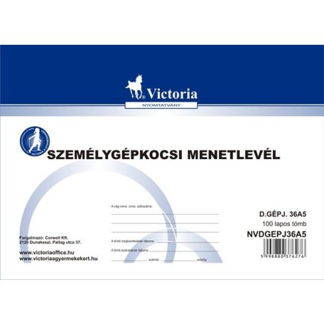VICTORIA PAPER Nyomtatvány, menetlevél, személygépkocsi, 100 lap, A5, fekvő, VICTORIA PAPER, "D.GÉPJ.36.", 10 tömb/csomag