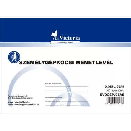 VICTORIA PAPER Nyomtatvány, menetlevél, személygépkocsi, 100 lap, A5, fekvő, VICTORIA PAPER, "D.GÉPJ.36.", 10 tömb/csomag