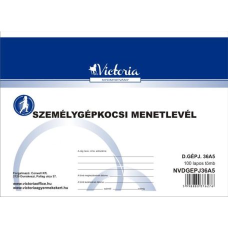 VICTORIA PAPER Nyomtatvány, menetlevél, személygépkocsi, 100 lap, A5, fekvő, VICTORIA PAPER, "D.GÉPJ.36.", 10 tömb/csomag