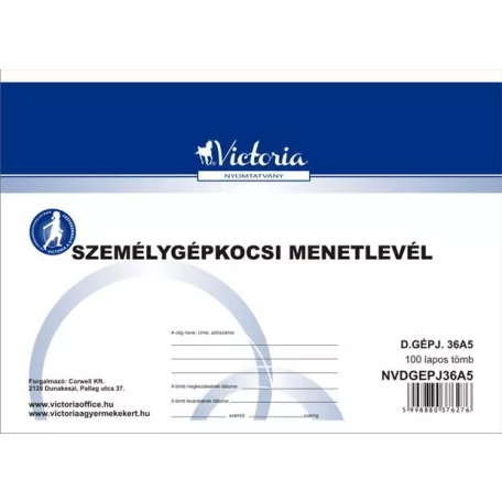 VICTORIA PAPER Nyomtatvány, menetlevél, személygépkocsi, 100 lap, A5, fekvő, VICTORIA PAPER, "D.GÉPJ.36.", 10 tömb/csomag