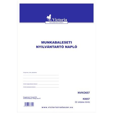 VICTORIA PAPER Nyomtatvány, munkabaleseti nyilvántartó napló, 32 oldal, A4, VICTORIA PAPER, 10 tömb/csomag