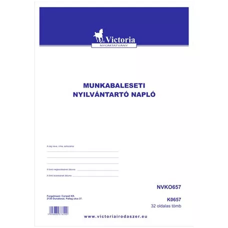 VICTORIA PAPER Nyomtatvány, munkabaleseti nyilvántartó napló, 32 oldal, A4, VICTORIA PAPER, 10 tömb/csomag