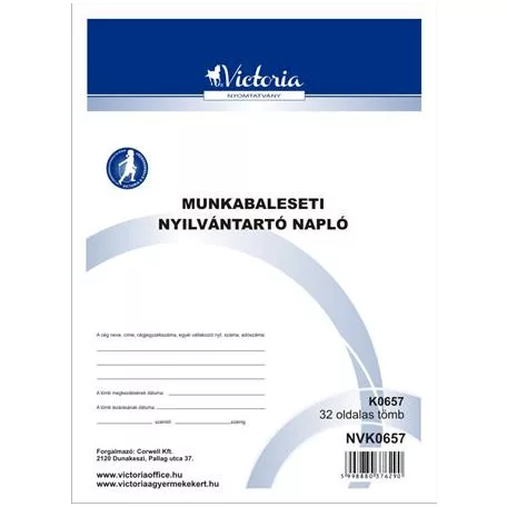 VICTORIA PAPER Nyomtatvány, munkabaleseti nyilvántartó napló, 32 oldal, A4, VICTORIA PAPER, 10 tömb/csomag