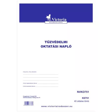 VICTORIA PAPER Nyomtatvány, tűzvédelmi oktatási napló, 40 oldal, A4, VICTORIA PAPER, 10 tömb/csomag