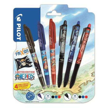 PILOT Rollertoll készlet, 0,35 mm, nyomógombos, PILOT "Frixion Ball"/"Frixion Ball Plus", 3különböző szín+One Piece matrica