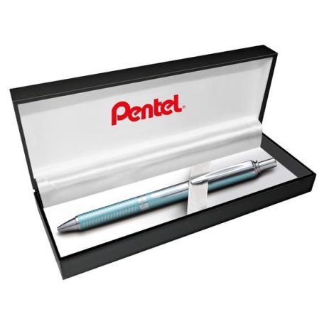 PENTEL Zseléstoll, 0,35 mm, nyomógombos, aquamarin tolltest, PENTEL "EnerGel BL-407" fekete, ajándék kék tollbetéttel