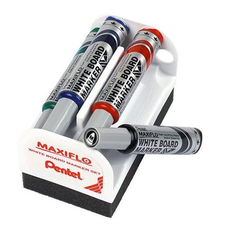 PENTEL Táblamarker készlet, 6 mm, kúpos hegy, PENTEL "Maxiflo", 4 különböző szín
