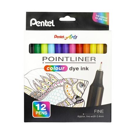 PENTEL Tűfilc készlet, 0,4 mm, PENTEL "Pointliner", 12 különböző szín