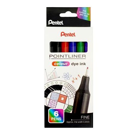 PENTEL Tűfilc készlet, 0,4 mm, PENTEL "Pointliner", 6 különböző szín