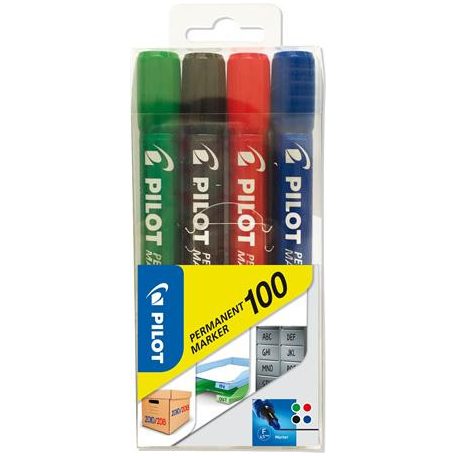 PILOT Alkoholos marker, 1 mm, kúpos, PILOT "Permanent Marker 100", 4 szín