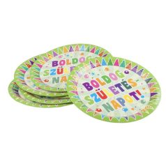   Tányér, papír, 23 cm, "Boldog születésnapot", zászlós