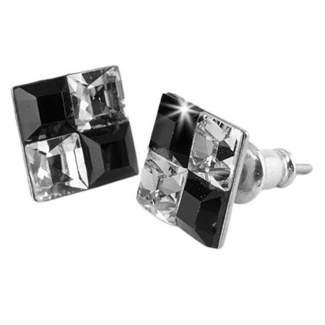 ART CRYSTELLA Fülbevaló, négyzet, fekete-fehér SWAROVSKI® kristállyal, 8 mm, ART CRYSTELLA®