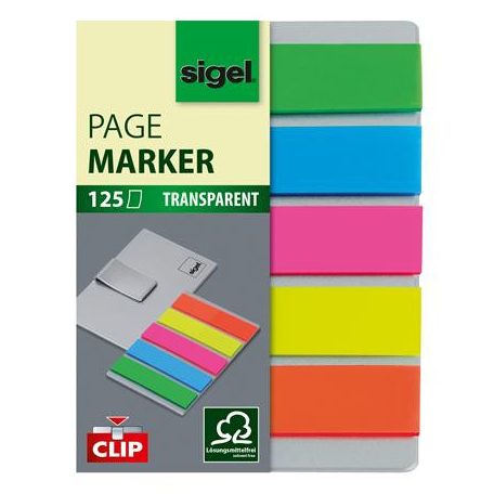 SIGEL Jelölőcímke, műanyag, 5x25 lap, 12x50 mm, klippel, SIGEL "Clip", vegyes szín