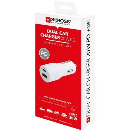 SKROSS Autós töltő, 1xUSB-A, 1xUSB-C PD, 20W, SKROSS