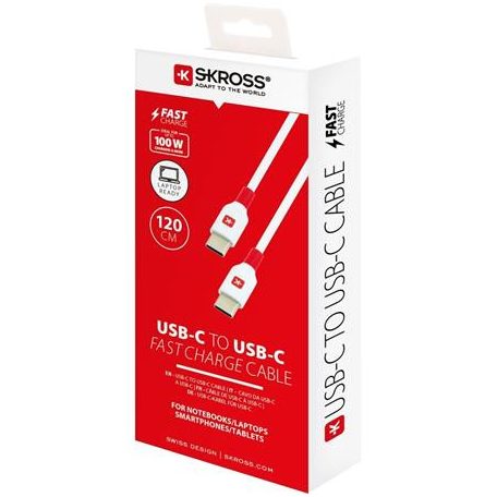 SKROSS USB kábel, USB-C - USB-C, 1,2m, 100W, SKROSS, fehér