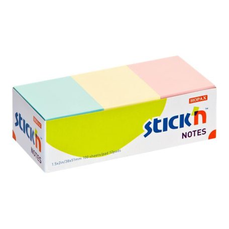 STICK N Öntapadó jegyzettömb, 38x51 mm, 12x100 lap, STICK N, pasztell színek
