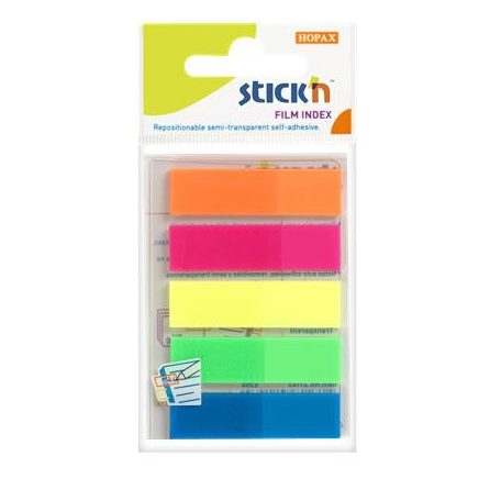 STICK N Jelölőcímke, műanyag, 5x25 lap, 45x12 mm, STICK N, neon színek