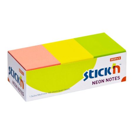 STICK N Öntapadó jegyzettömb, 38x51 mm, 12x100 lap, STICK N, neon színek