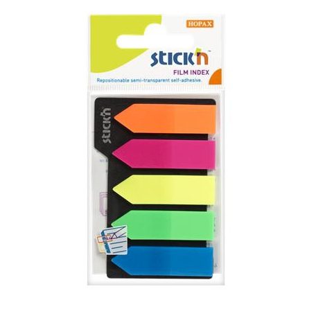 STICK N Jelölőcímke, műanyag, nyíl, 5x25 lap, 42x12mm, STICK N, neon színek