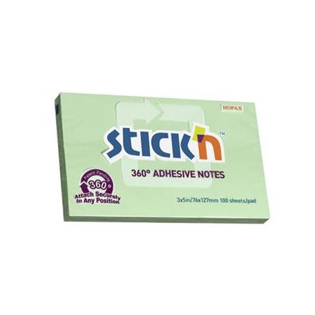 STICK N Öntapadó jegyzettömb, 76x127 mm, 100 lap, STICK N „360°, zöld