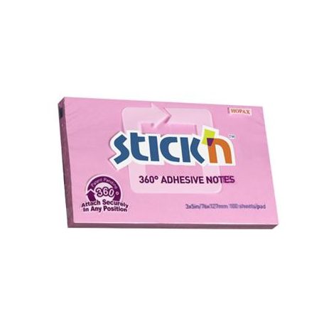 STICK N Öntapadó jegyzettömb, 76x127 mm, 100 lap, STICK N „360°”, rózsaszín