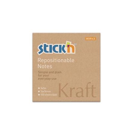 STICK N Öntapadó jegyzettömb, 76x76 mm, 100 lap, STICK N "Kraft Notes", barna