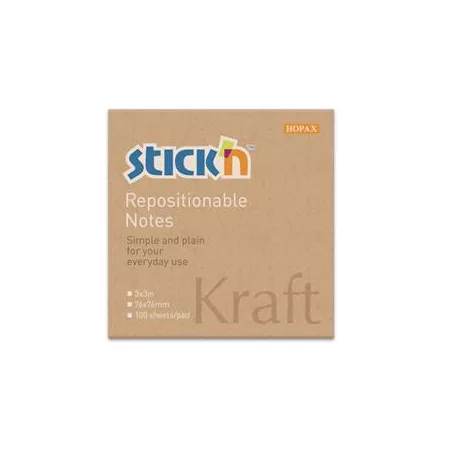 STICK N Öntapadó jegyzettömb, 76x76 mm, 100 lap, STICK N "Kraft Notes", barna