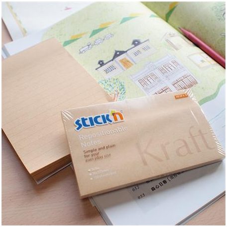 STICK N Öntapadó jegyzettömb, 76x127 mm, 100 lap, STICK N "Kraft Notes", barna