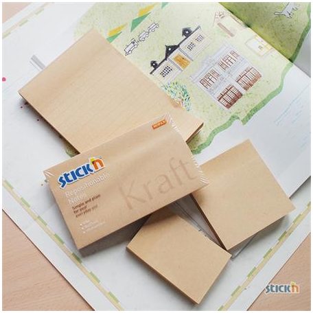 STICK N Öntapadó jegyzettömb, 76x127 mm, 100 lap, STICK N "Kraft Notes", barna