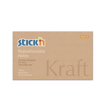 STICK N Öntapadó jegyzettömb, 76x127 mm, 100 lap, STICK N "Kraft Notes", barna
