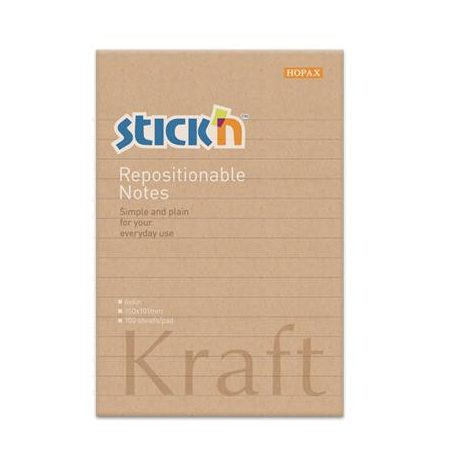 STICK N Öntapadó jegyzettömb, vonalas, 150x101 mm, 100 lap, STICK N "Kraft Notes"