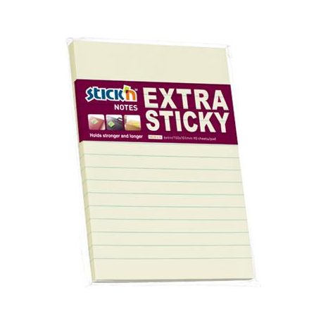 STICK N Öntapadó jegyzettömb, vonalas, 150x101 mm, 90 lap, STICK N "Extra Sticky", pasztellsárga