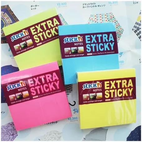 STICK N Öntapadó jegyzettömb, 76x76 mm, 90 lap, STICK N "Extra Sticky", neon sárga
