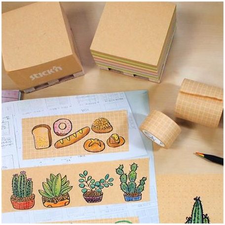 STICK N Öntapadó jegyzettömb, 76x76 mm, 400 lap, mini raklap, STICK N "Kraft Cube", vegyes színek