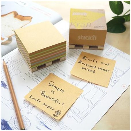 STICK N Öntapadó jegyzettömb, 76x76 mm, 400 lap, mini raklap, STICK N "Kraft Cube", vegyes színek