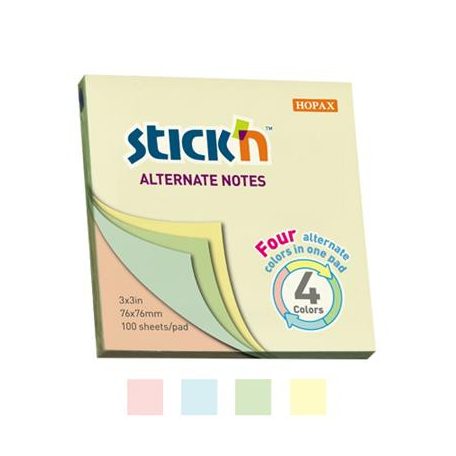 STICK N Öntapadó jegyzettömb, 76x76 mm, 100 lap, STICK N, pasztell színek