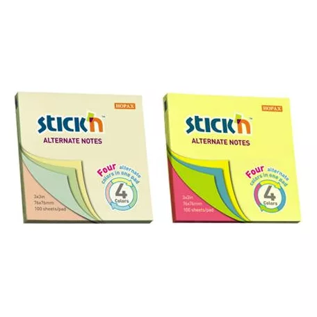 STICK N Öntapadó jegyzettömb, 76x76 mm, 100 lap, STICK N, pasztell színek