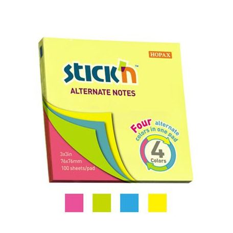 STICK N Öntapadó jegyzettömb, 76x76 mm, 100 lap, STICK N, neon színek