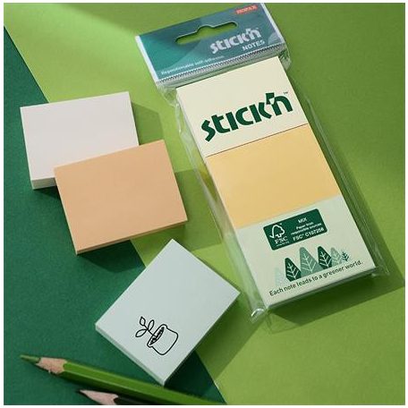 STICK N Öntapadó jegyzettömb, 38x51 mm, 3x100 lap, STICK N, pasztell színek