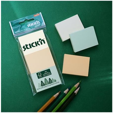 STICK N Öntapadó jegyzettömb, 38x51 mm, 3x100 lap, STICK N, pasztell színek