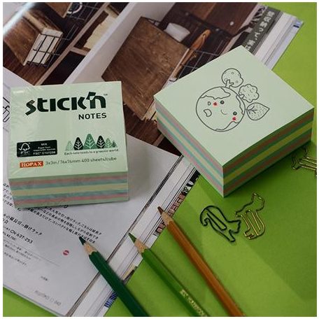STICK N Öntapadó kockatömb, 76x76mm, 400 lap, STICK N, erdő színei pasztell mix