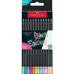   FABER-CASTELL Színes ceruza készlet, háromszögletű, FABER-CASTELL "Black Edition",  6-6 különböző neon és pasztell szín