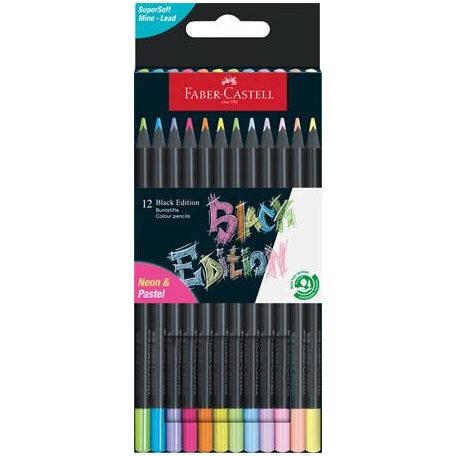 FABER-CASTELL Színes ceruza készlet, háromszögletű, FABER-CASTELL "Black Edition",  6-6 különböző neon és pasztell szín