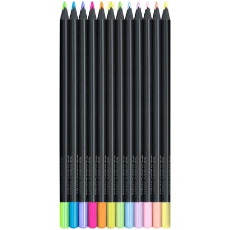 FABER-CASTELL Színes ceruza készlet, háromszögletű, FABER-CASTELL "Black Edition",  6-6 különböző neon és pasztell szín