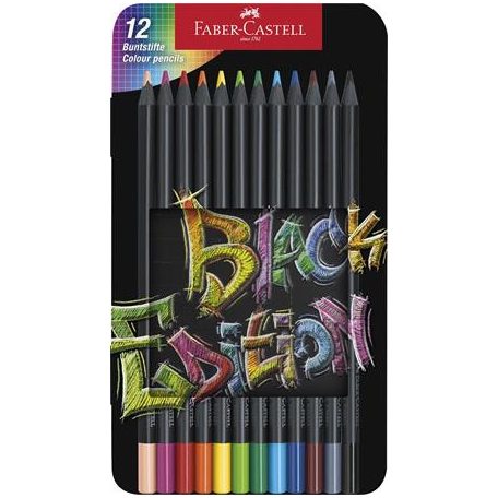 FABER-CASTELL Színes ceruza készlet, háromszögletű, fémdobozban, FABER-CASTELL "Black Edition",  12 különböző szín