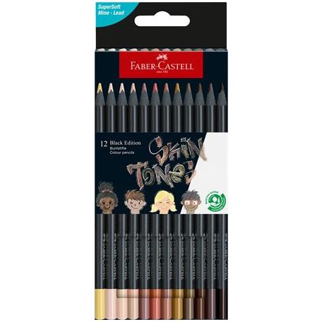 FABER-CASTELL Színes ceruza készlet, háromszögletű, FABER-CASTELL "Black Edition",  12 különböző bőrszín