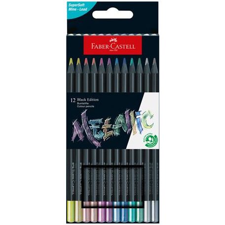 FABER-CASTELL Színes ceruza készlet, háromszögletű, FABER-CASTELL "Black Edition",  12 különböző metál szín