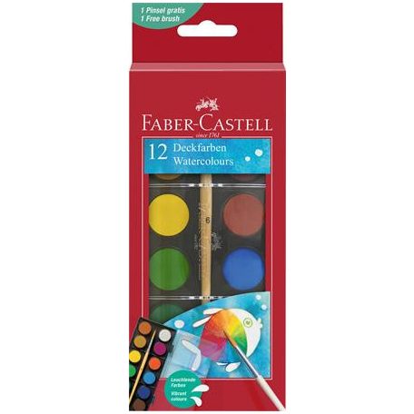 FABER-CASTELL Vízfesték, 12 darabos, 24 mm, ecsettel, FABER-CASTELL
