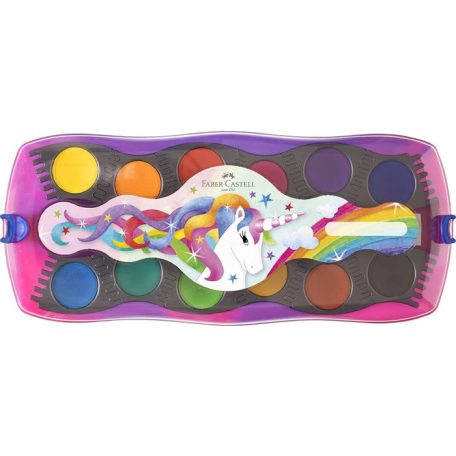 FABER-CASTELL Vízfesték, 12 darabos, összeilleszthető, FABER-CASTELL "Unikornis"+1 tubus fehér tempera+unikornis matrica